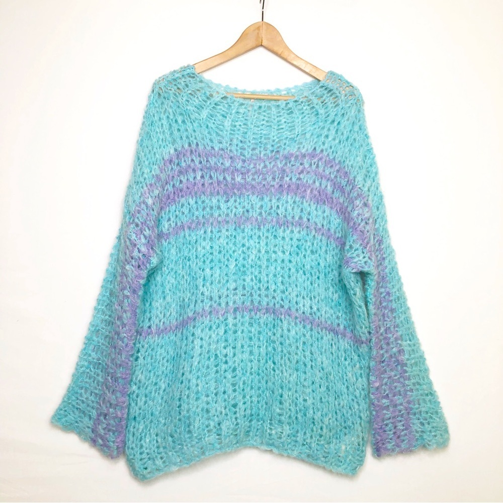 Hand-Knit Aqua & Lilac Striped Cozy Sweater